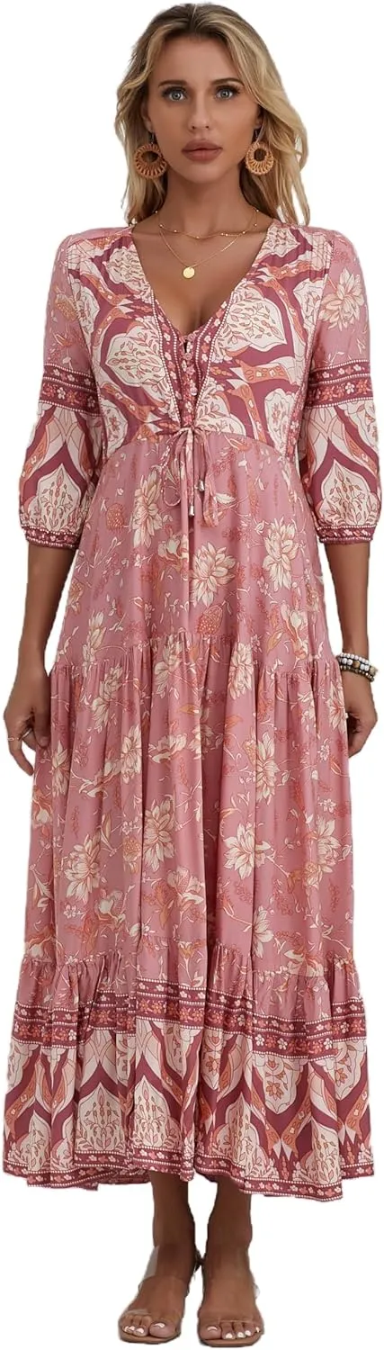Women Short Sleeve V Neck Floral Print Casual Bohemian Maxi Dresses