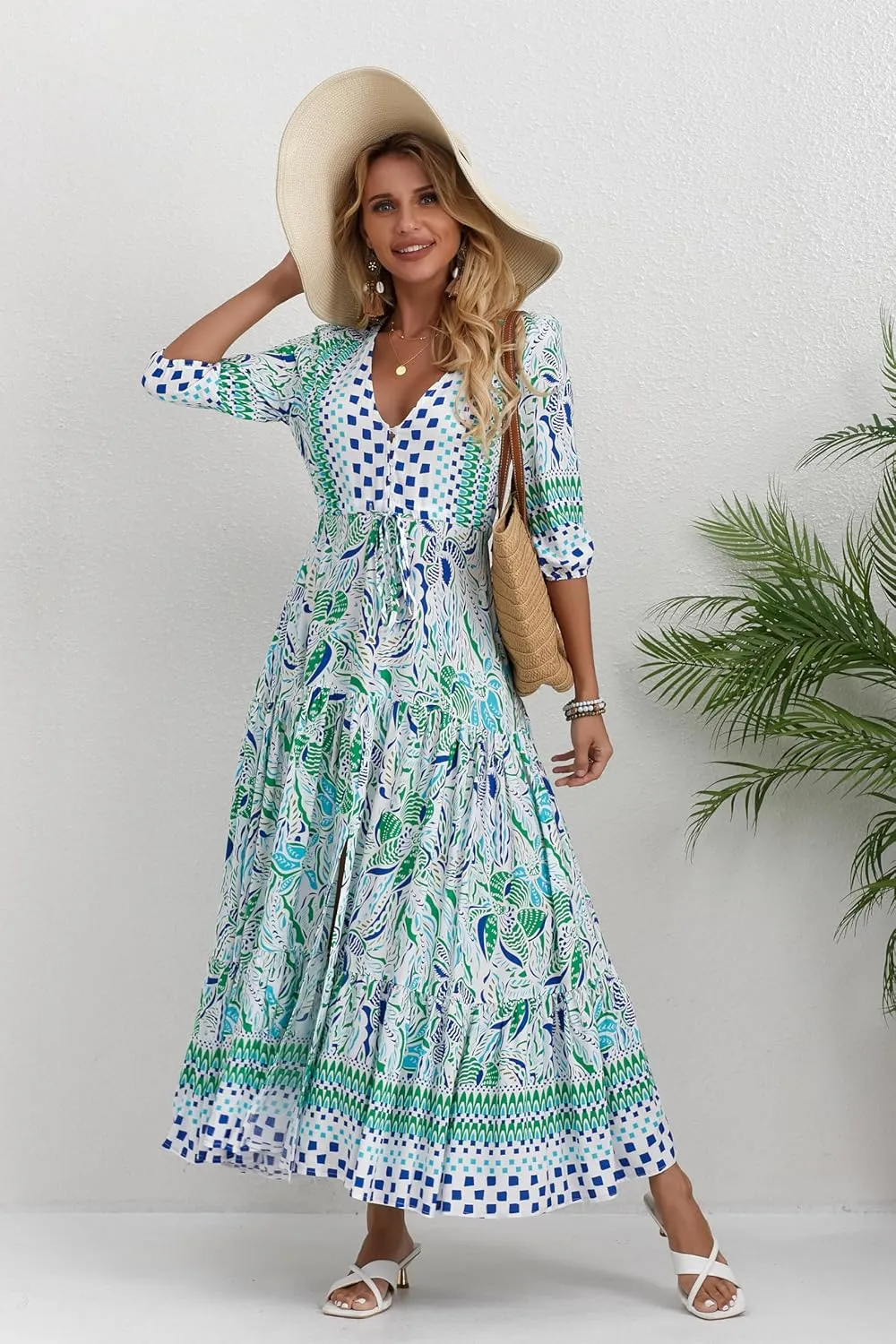 Women Short Sleeve V Neck Floral Print Casual Bohemian Maxi Dresses