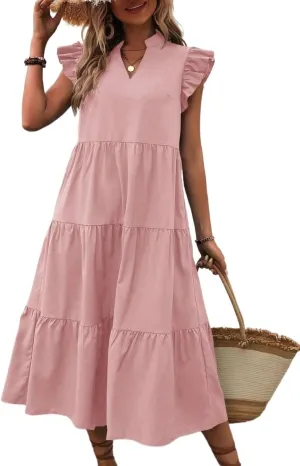 Women Summer Bohemian Floral Notched Neckline Ruffle Trim Smock Dress