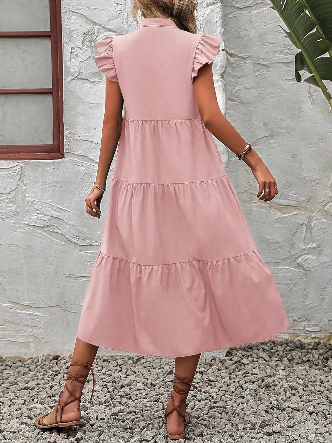 Women Summer Bohemian Floral Notched Neckline Ruffle Trim Smock Dress