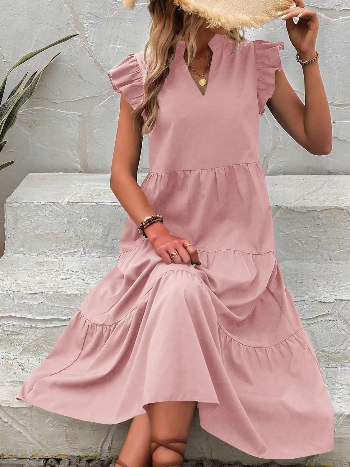 Women Summer Bohemian Floral Notched Neckline Ruffle Trim Smock Dress