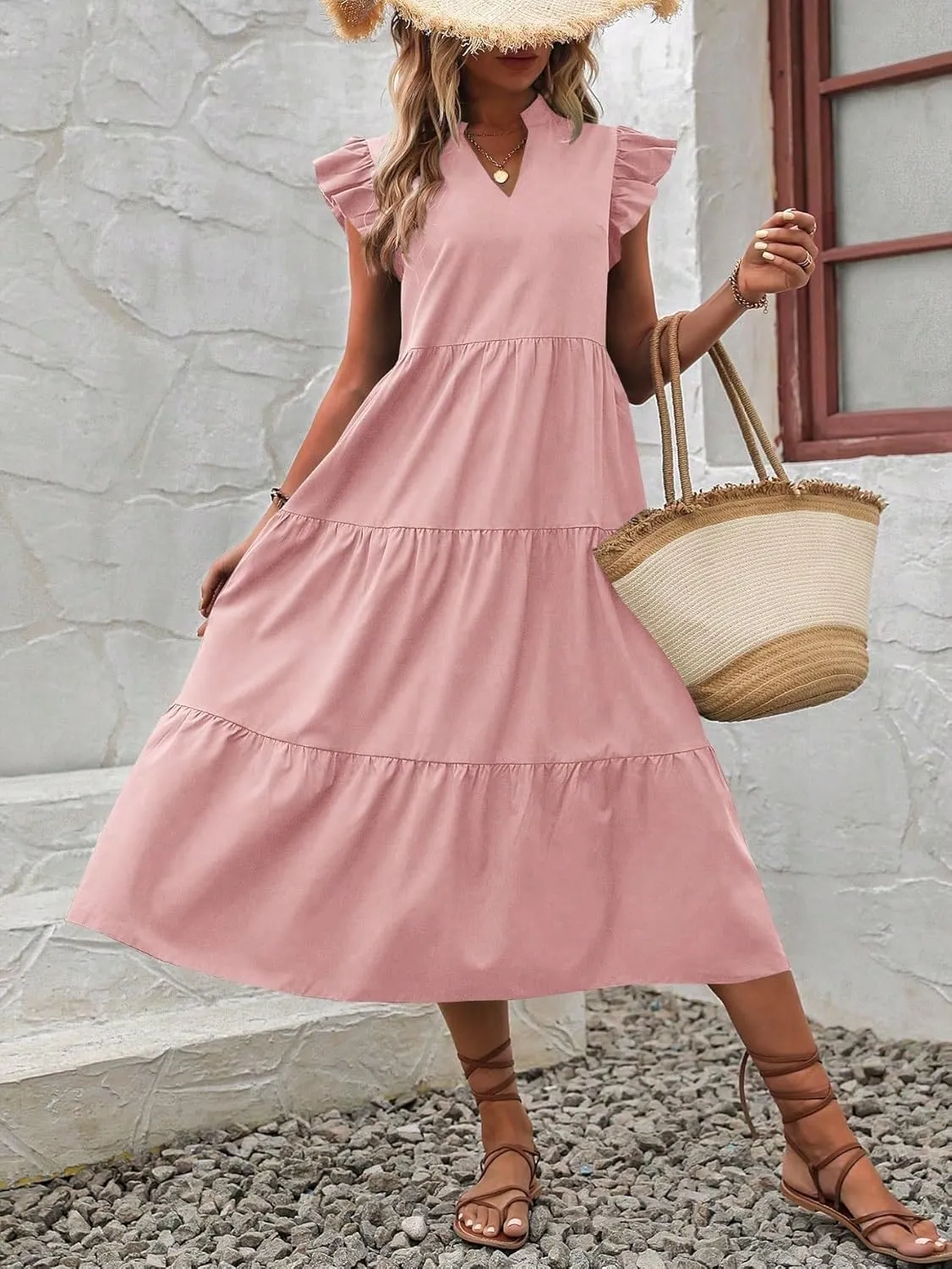 Women Summer Bohemian Floral Notched Neckline Ruffle Trim Smock Dress