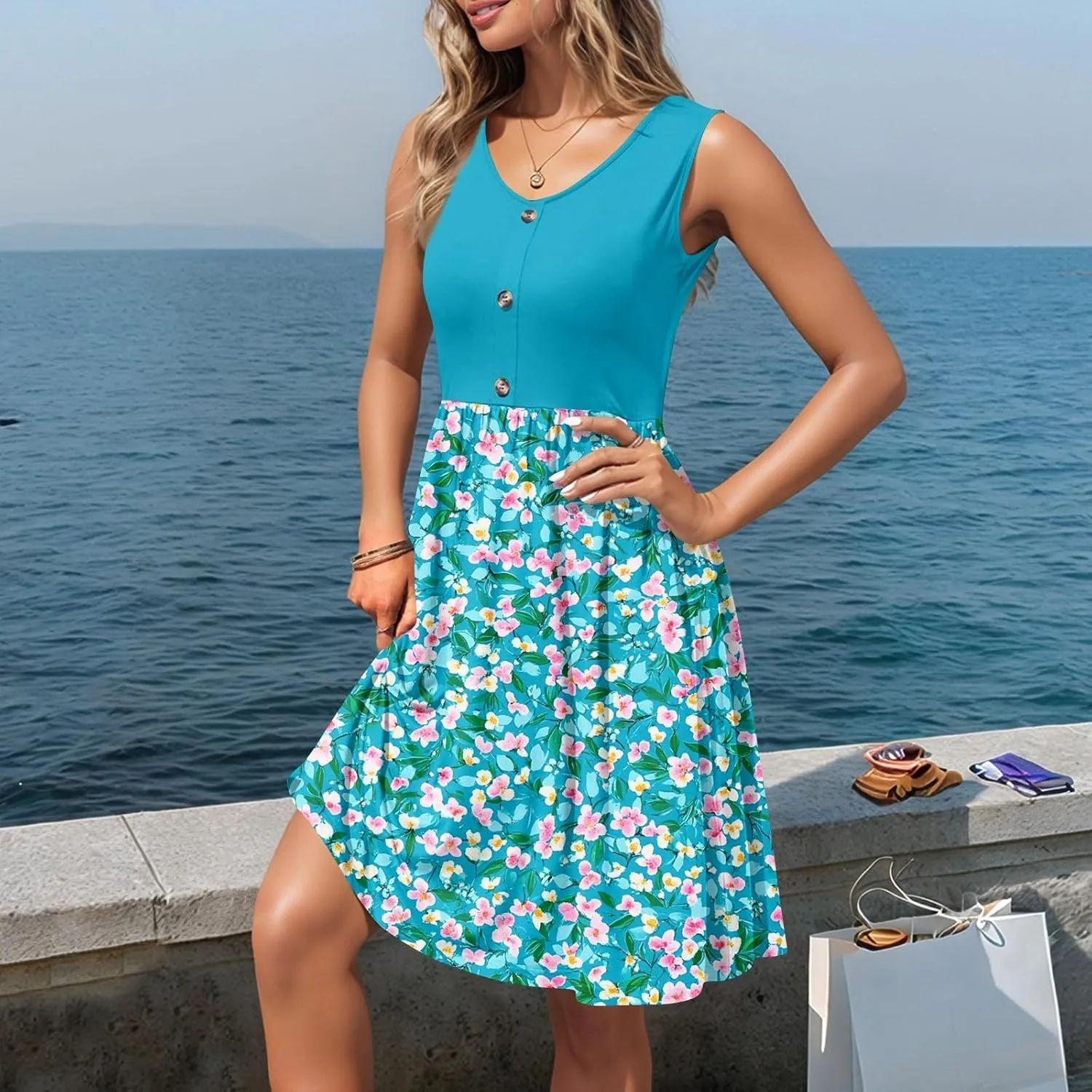 Women Summer Dresses 2025 Beach Vacation Tank Dress Casual Loose Swing Button Down Sleeveless Midi Sundress with Pockets