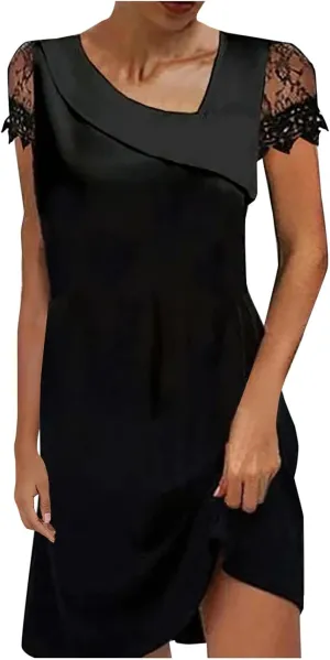 Women Summer Dresses 2025 Fashion Plain Black Beach Vacation Mini Dress Casual Comfy Crew Neck Short Sleeve Sundress