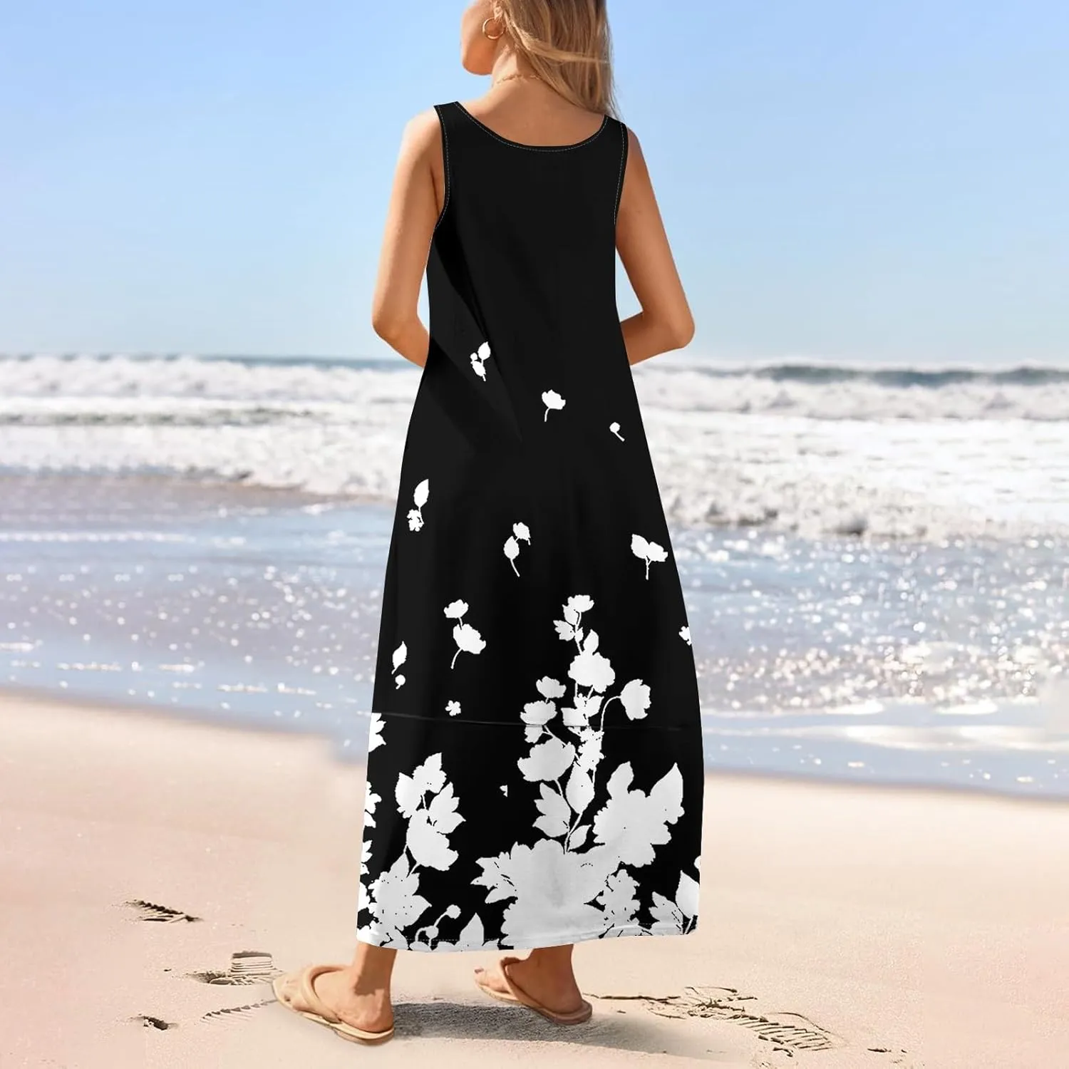 Women Summer Dresses 2025 Sleeveless Round Neck Maxi Dress Floral Beach Sundresses Casual Loose Tank Dress with Pockets