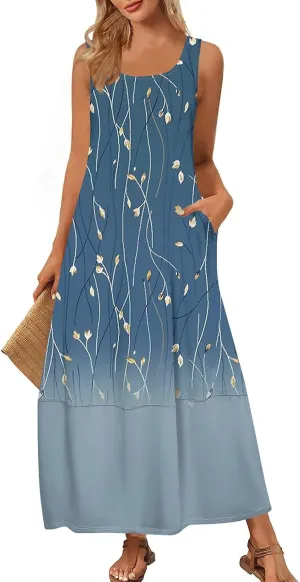 Women Summer Dresses 2025 Sleeveless Round Neck Maxi Dress Floral Beach Sundresses Casual Loose Tank Dress with Pockets