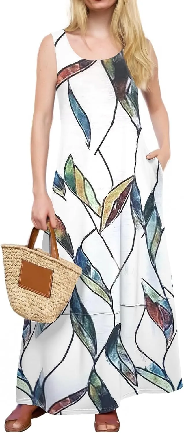 Women Summer Dresses 2025 Sleeveless Round Neck Maxi Dress Floral Beach Sundresses Casual Loose Tank Dress with Pockets