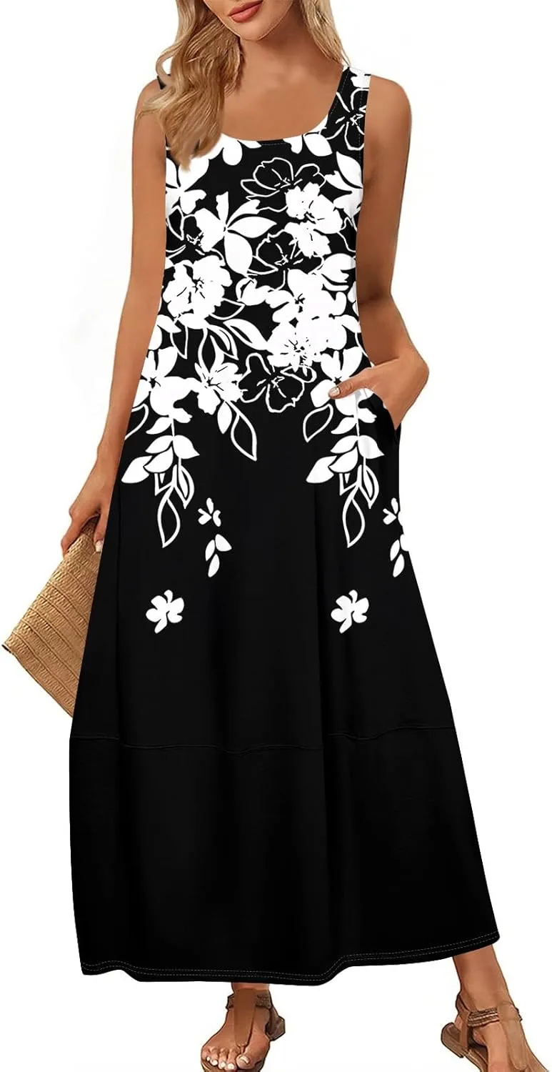 Women Summer Dresses 2025 Sleeveless Round Neck Maxi Dress Floral Beach Sundresses Casual Loose Tank Dress with Pockets