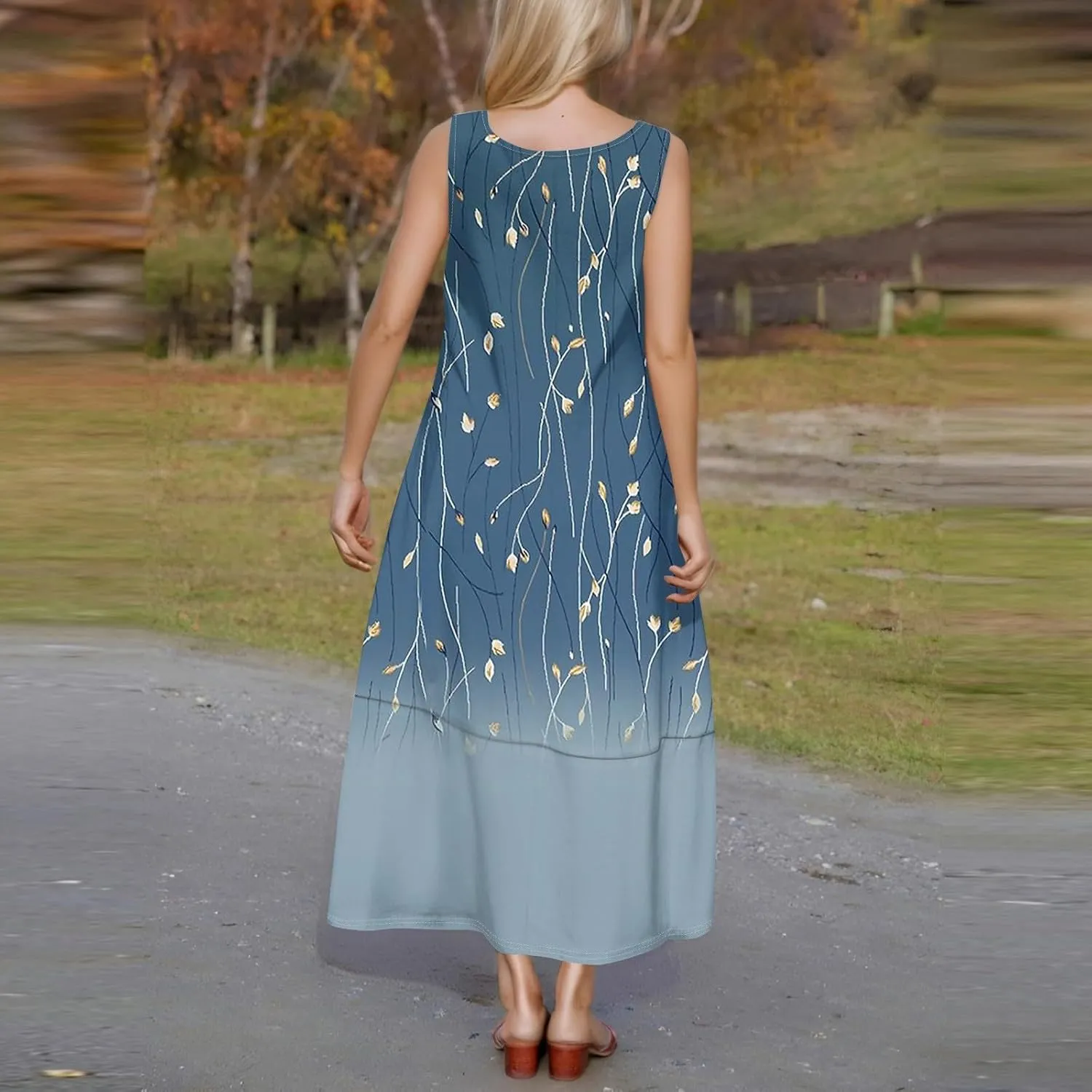 Women Summer Dresses 2025 Sleeveless Round Neck Maxi Dress Floral Beach Sundresses Casual Loose Tank Dress with Pockets