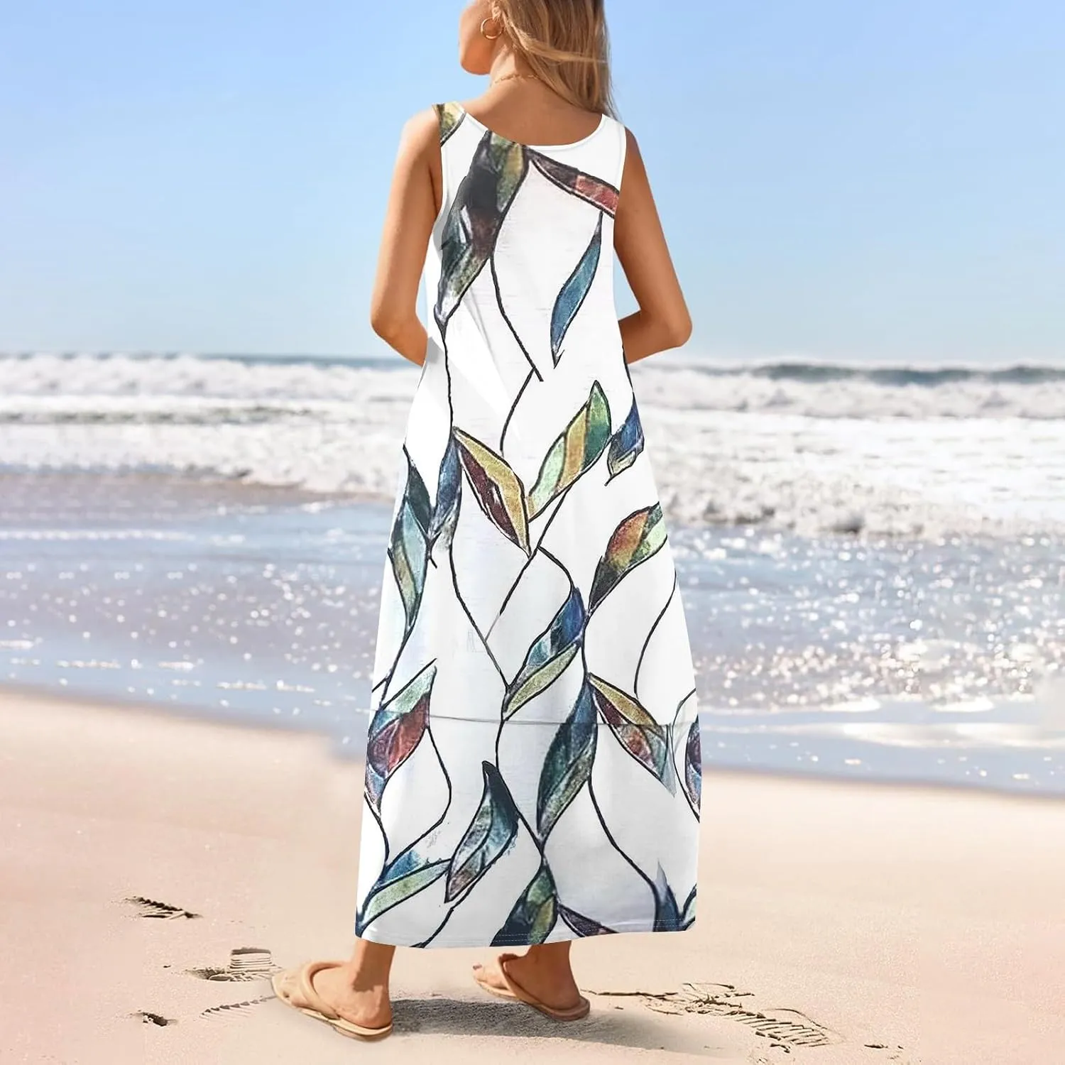 Women Summer Dresses 2025 Sleeveless Round Neck Maxi Dress Floral Beach Sundresses Casual Loose Tank Dress with Pockets