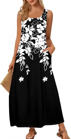 Women Summer Dresses 2025 Sleeveless Round Neck Maxi Dress Floral Beach Sundresses Casual Loose Tank Dress with Pockets