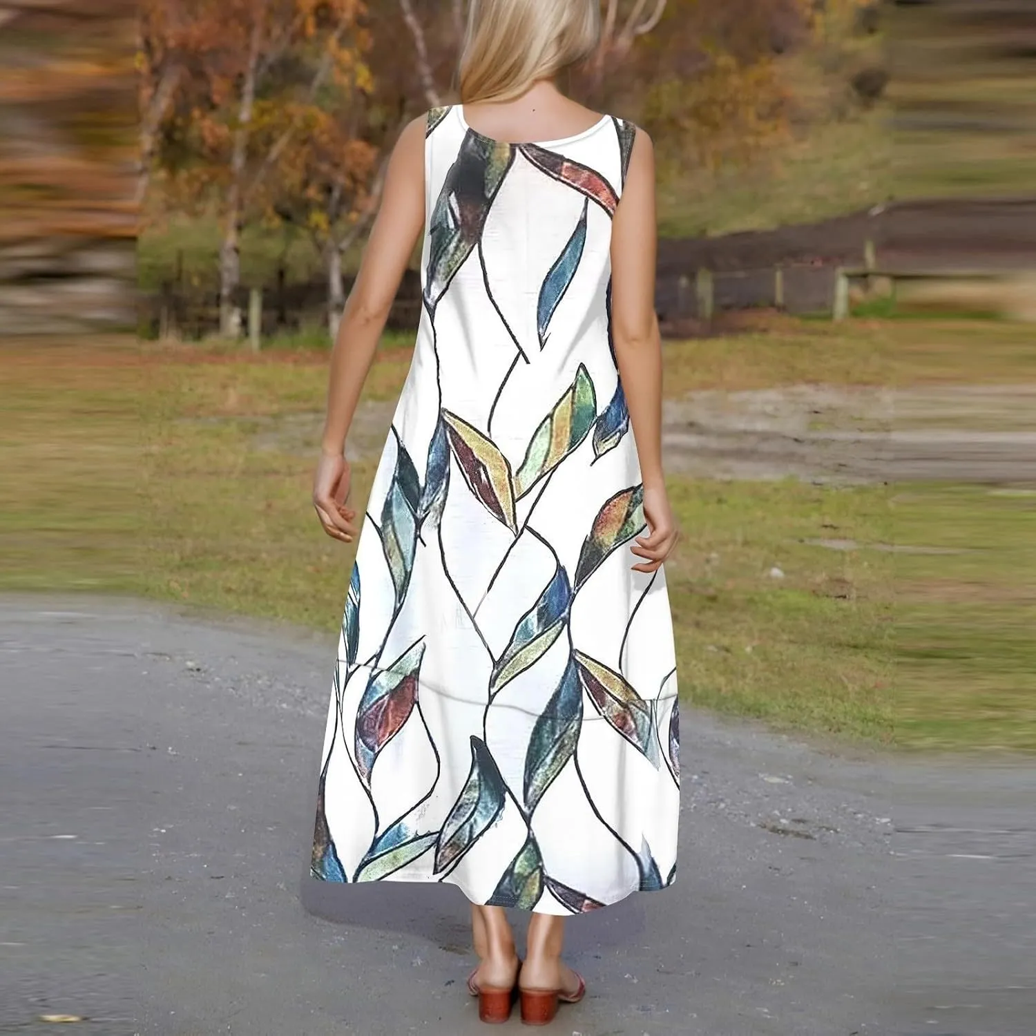 Women Summer Dresses 2025 Sleeveless Round Neck Maxi Dress Floral Beach Sundresses Casual Loose Tank Dress with Pockets