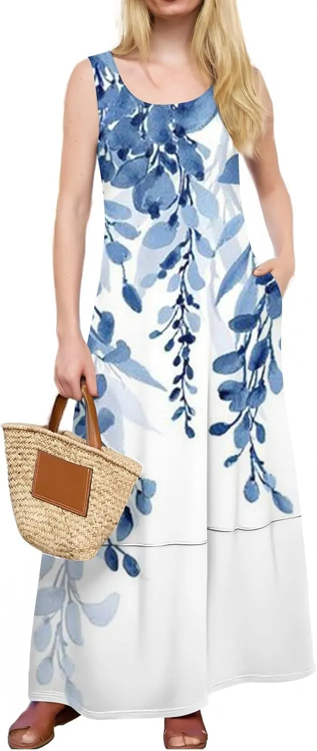 Women Summer Dresses 2025 Sleeveless Round Neck Maxi Dress Floral Beach Sundresses Casual Loose Tank Dress with Pockets