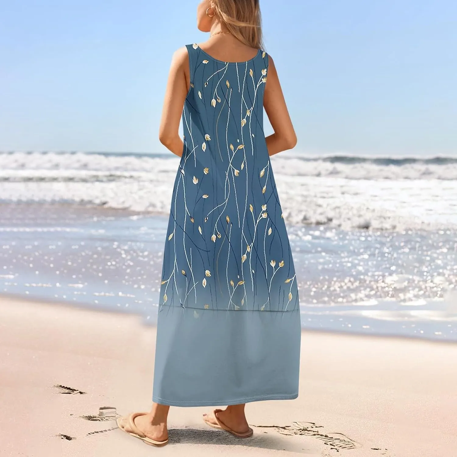 Women Summer Dresses 2025 Sleeveless Round Neck Maxi Dress Floral Beach Sundresses Casual Loose Tank Dress with Pockets