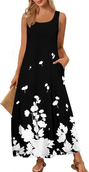 Women Summer Dresses 2025 Sleeveless Round Neck Maxi Dress Floral Beach Sundresses Casual Loose Tank Dress with Pockets