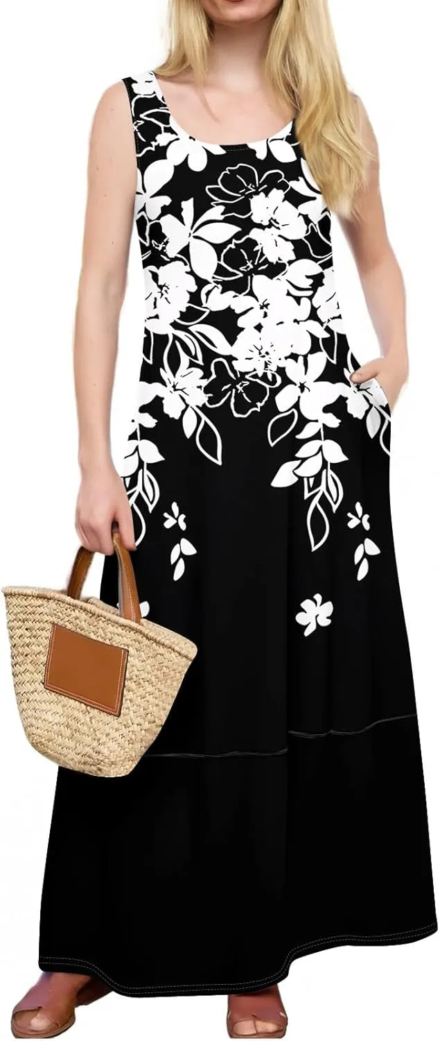 Women Summer Dresses 2025 Sleeveless Round Neck Maxi Dress Floral Beach Sundresses Casual Loose Tank Dress with Pockets