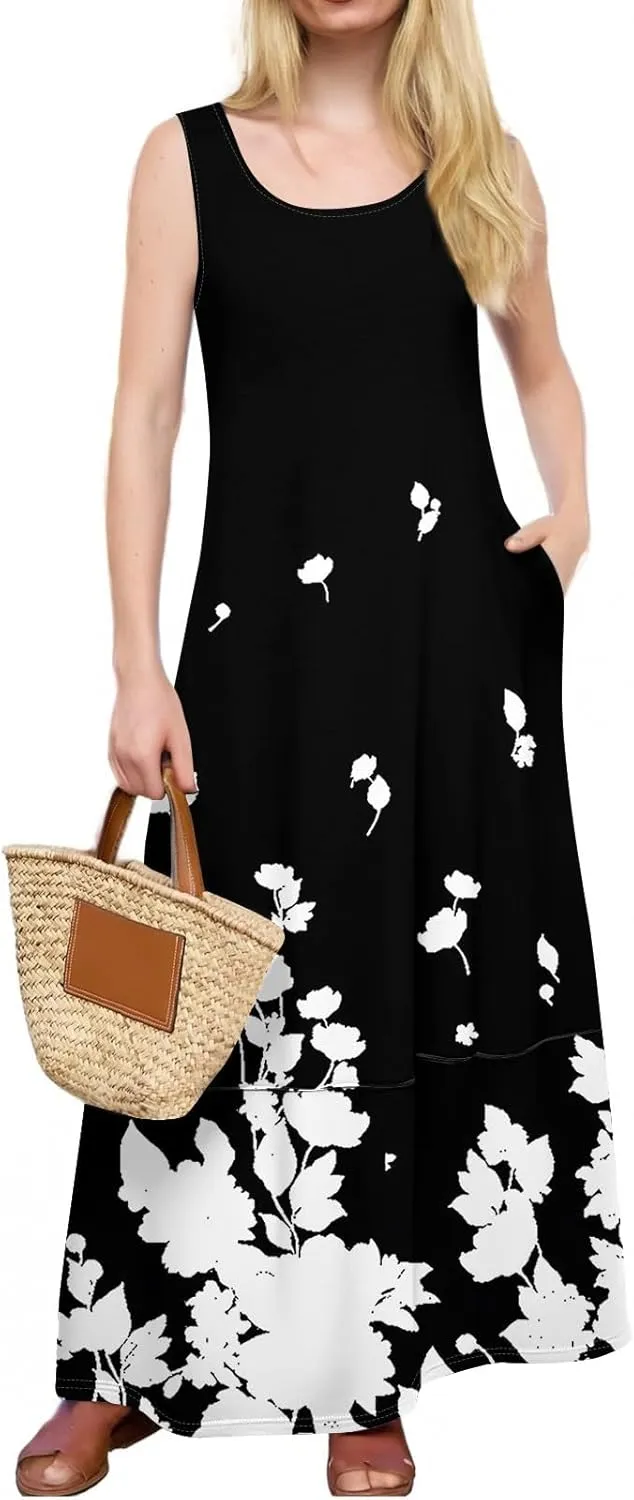 Women Summer Dresses 2025 Sleeveless Round Neck Maxi Dress Floral Beach Sundresses Casual Loose Tank Dress with Pockets