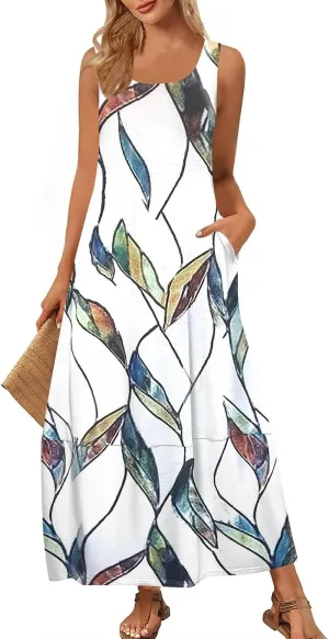 Women Summer Dresses 2025 Sleeveless Round Neck Maxi Dress Floral Beach Sundresses Casual Loose Tank Dress with Pockets