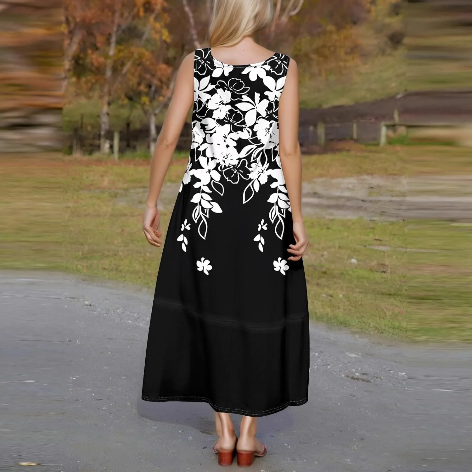 Women Summer Dresses 2025 Sleeveless Round Neck Maxi Dress Floral Beach Sundresses Casual Loose Tank Dress with Pockets