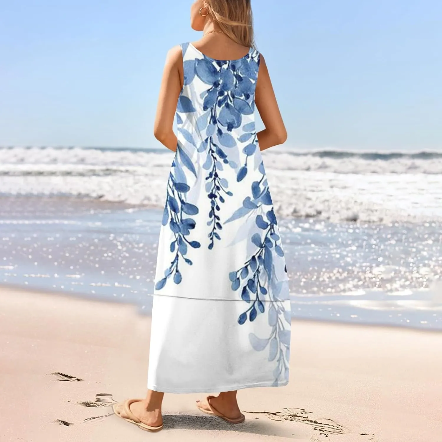 Women Summer Dresses 2025 Sleeveless Round Neck Maxi Dress Floral Beach Sundresses Casual Loose Tank Dress with Pockets
