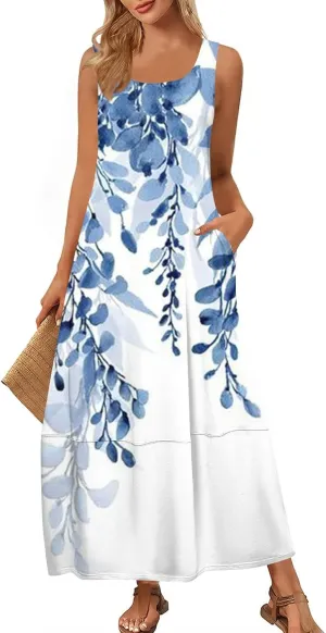 Women Summer Dresses 2025 Sleeveless Round Neck Maxi Dress Floral Beach Sundresses Casual Loose Tank Dress with Pockets