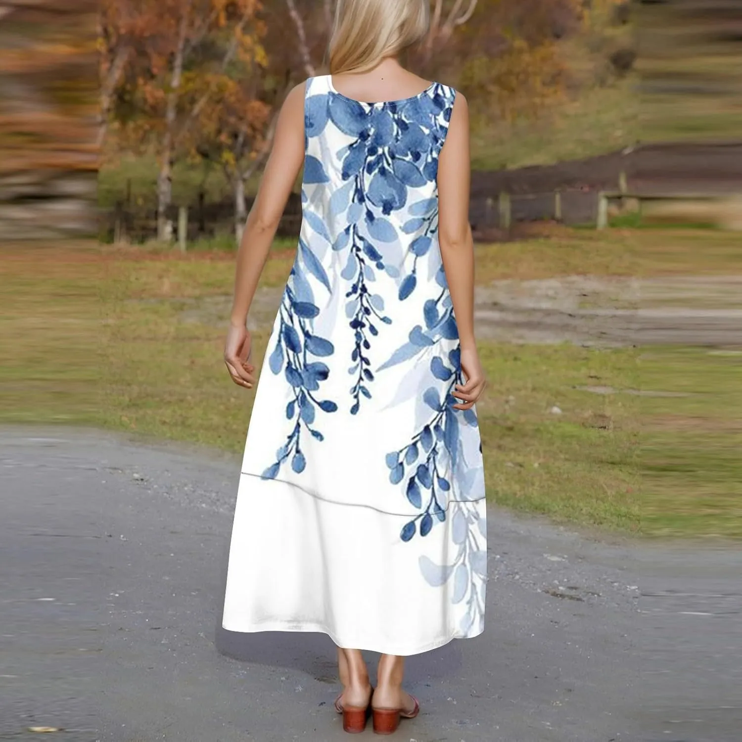 Women Summer Dresses 2025 Sleeveless Round Neck Maxi Dress Floral Beach Sundresses Casual Loose Tank Dress with Pockets
