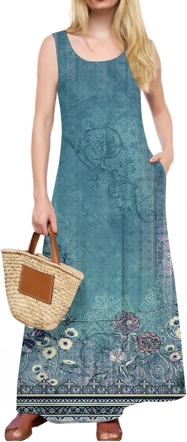 Women Summer Dresses 2025 Sleeveless Round Neck Maxi Dress Floral Beach Sundresses Casual Loose Tank Dress with Pockets