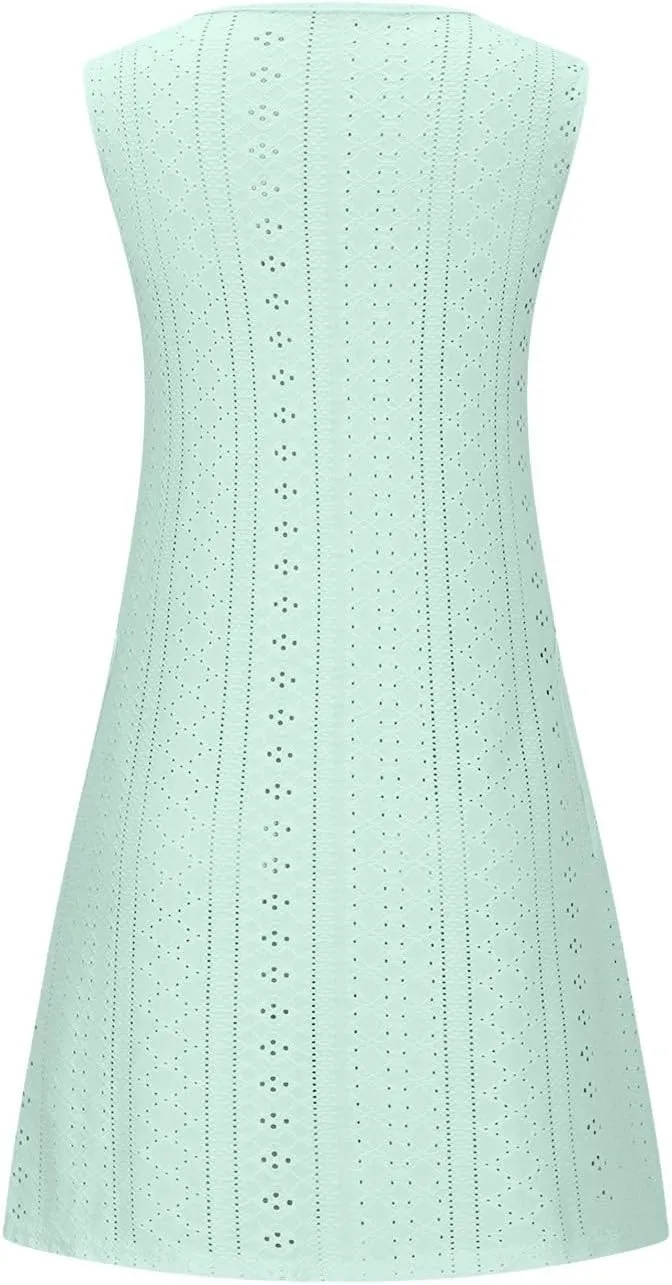 Women Summer Eyelet Tank Dresses with Pockets Casual Loose Crewneck Sleeveless Sundresses 2025 Trendy Beach Coverups