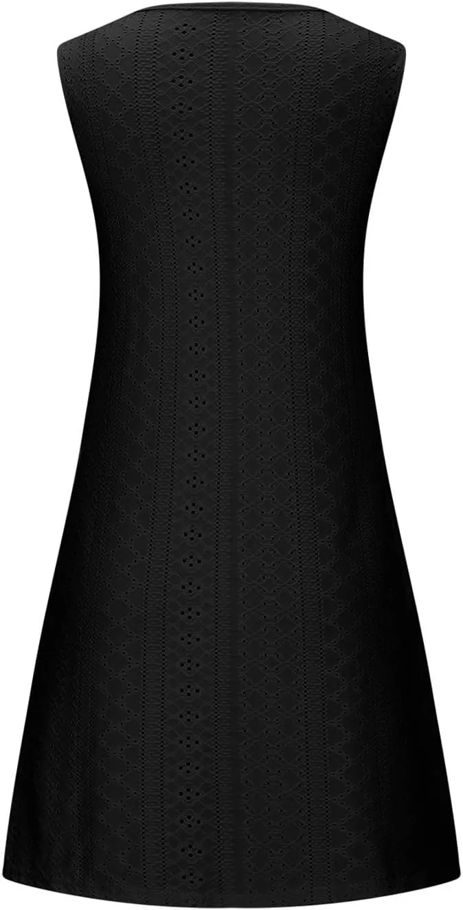 Women Summer Eyelet Tank Dresses with Pockets Casual Loose Crewneck Sleeveless Sundresses 2025 Trendy Beach Coverups