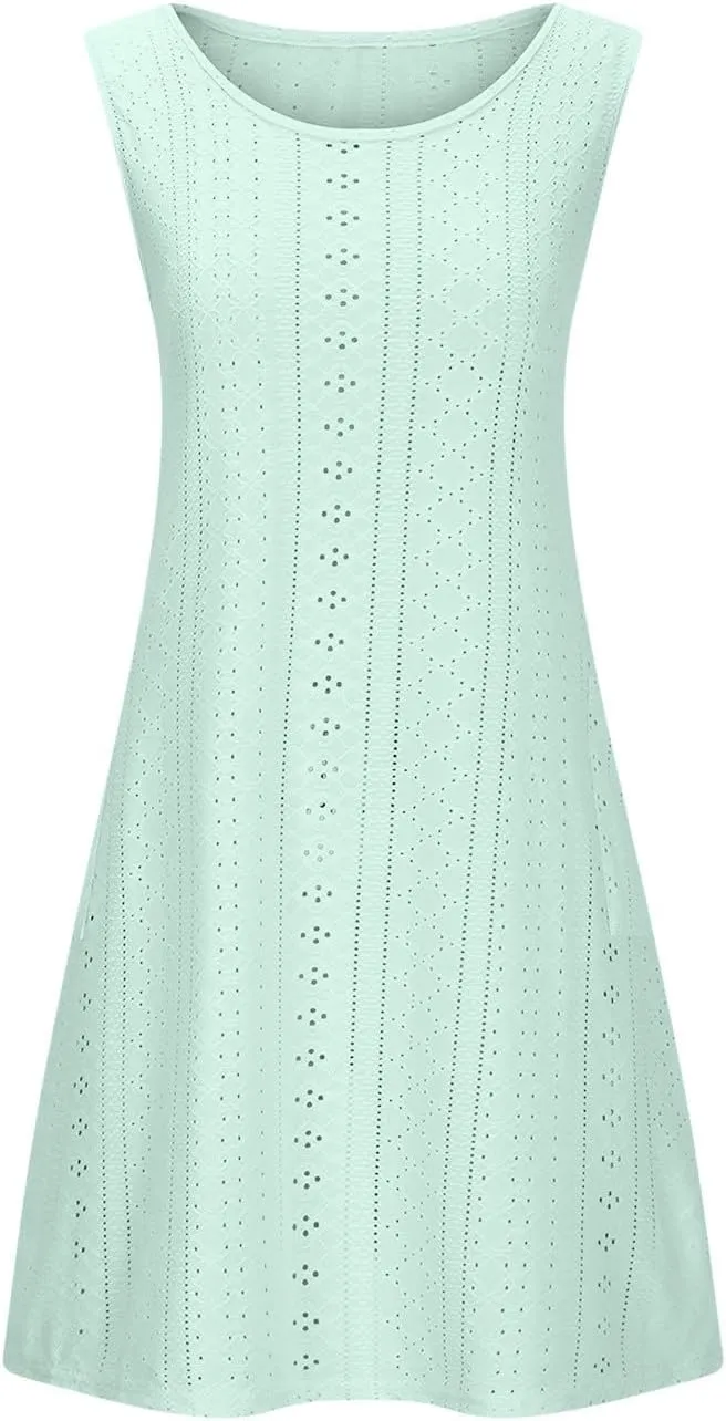 Women Summer Eyelet Tank Dresses with Pockets Casual Loose Crewneck Sleeveless Sundresses 2025 Trendy Beach Coverups