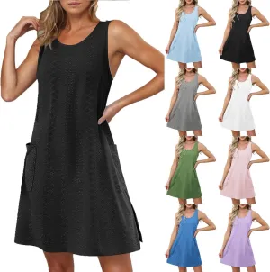 Women Summer Eyelet Tank Dresses with Pockets Casual Loose Crewneck Sleeveless Sundresses 2025 Trendy Beach Coverups