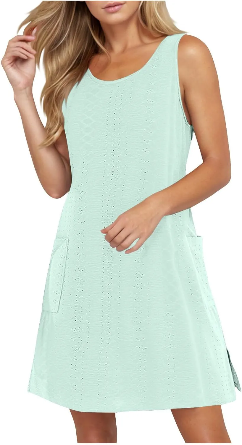 Women Summer Eyelet Tank Dresses with Pockets Casual Loose Crewneck Sleeveless Sundresses 2025 Trendy Beach Coverups