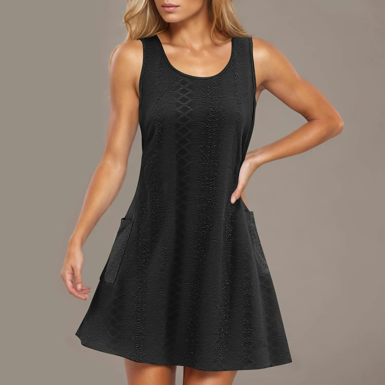 Women Summer Eyelet Tank Dresses with Pockets Casual Loose Crewneck Sleeveless Sundresses 2025 Trendy Beach Coverups