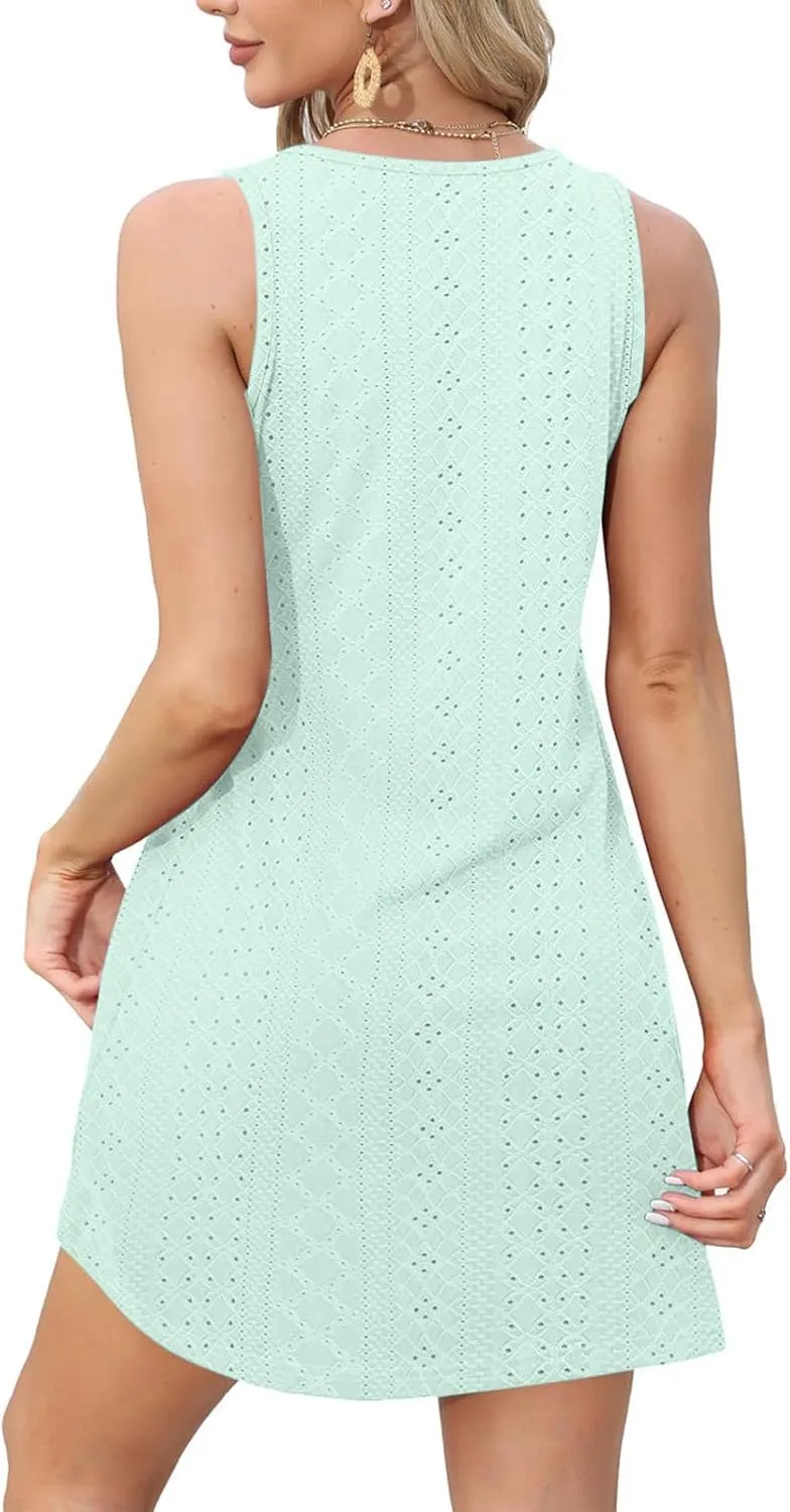 Women Summer Eyelet Tank Dresses with Pockets Casual Loose Crewneck Sleeveless Sundresses 2025 Trendy Beach Coverups