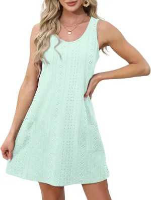 Women Summer Eyelet Tank Dresses with Pockets Casual Loose Crewneck Sleeveless Sundresses 2025 Trendy Beach Coverups