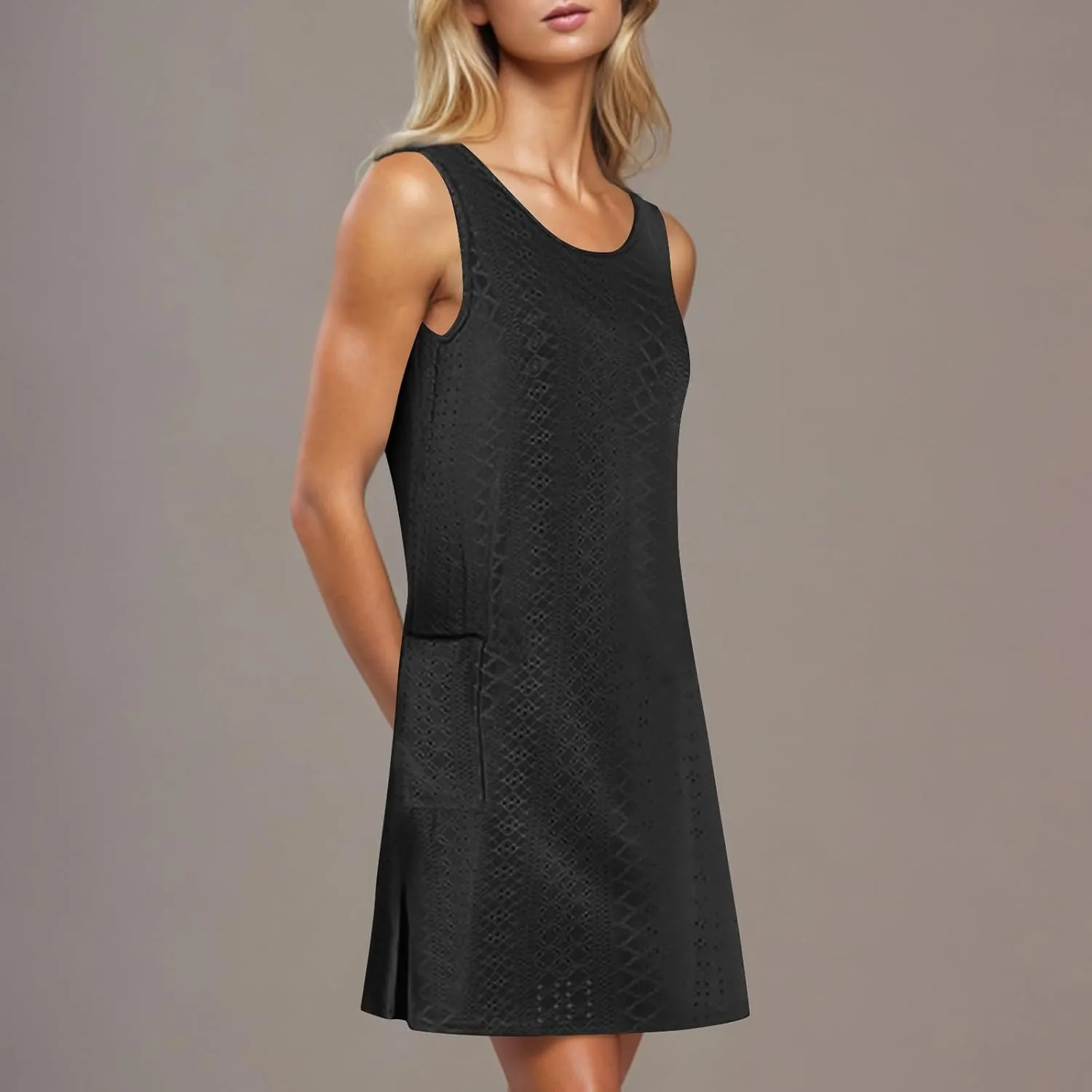 Women Summer Eyelet Tank Dresses with Pockets Casual Loose Crewneck Sleeveless Sundresses 2025 Trendy Beach Coverups