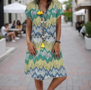 Women Summer Geometric Floral Printed Beach Dress Short Sleeve Casual V Neck Plus Size Midi Dresses Baggy Shift Dress