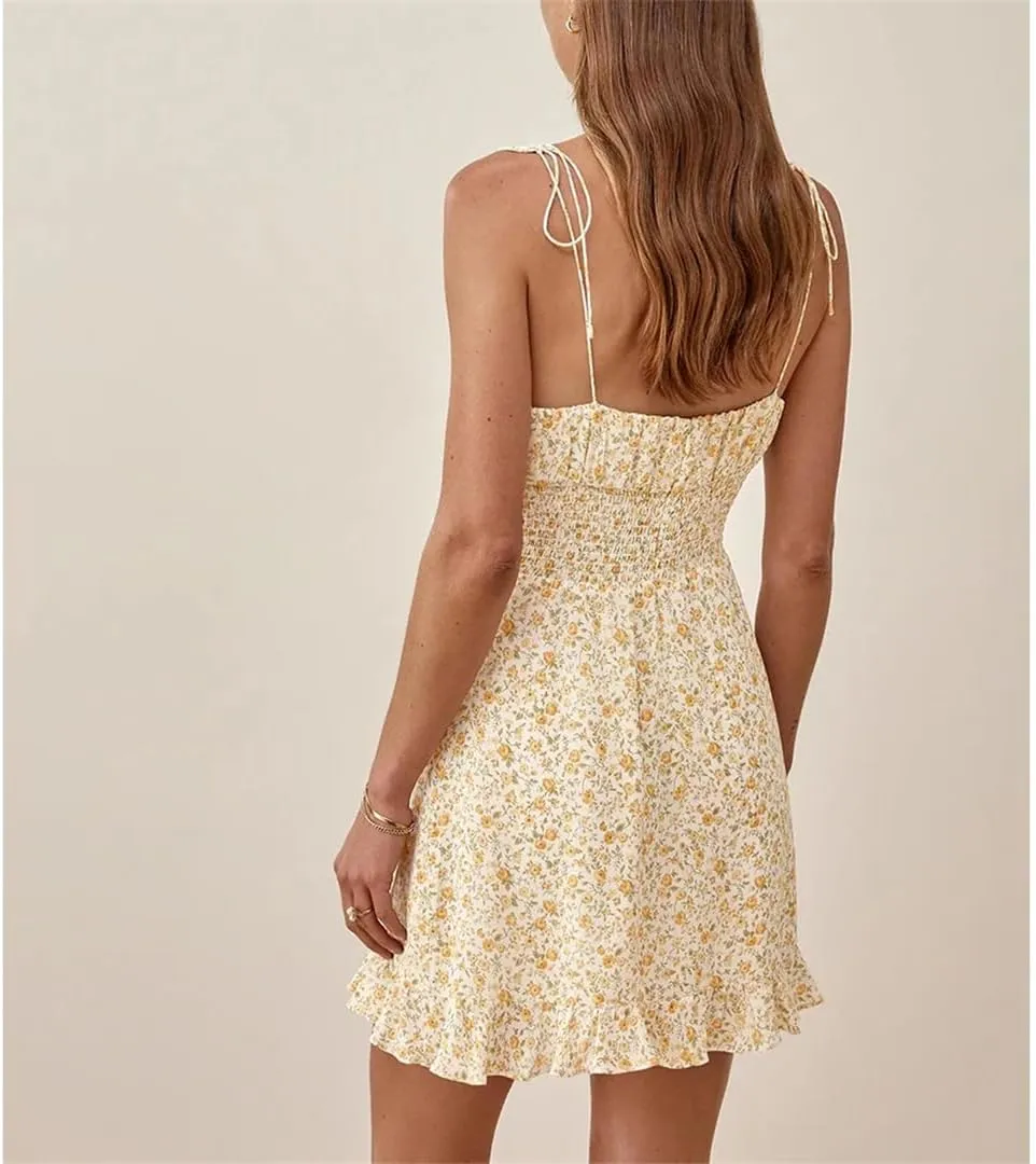 Women V Neck Floral Print Dress Vintage Spaghetti Strap Zipper Ruffle Beach Mini Dresses