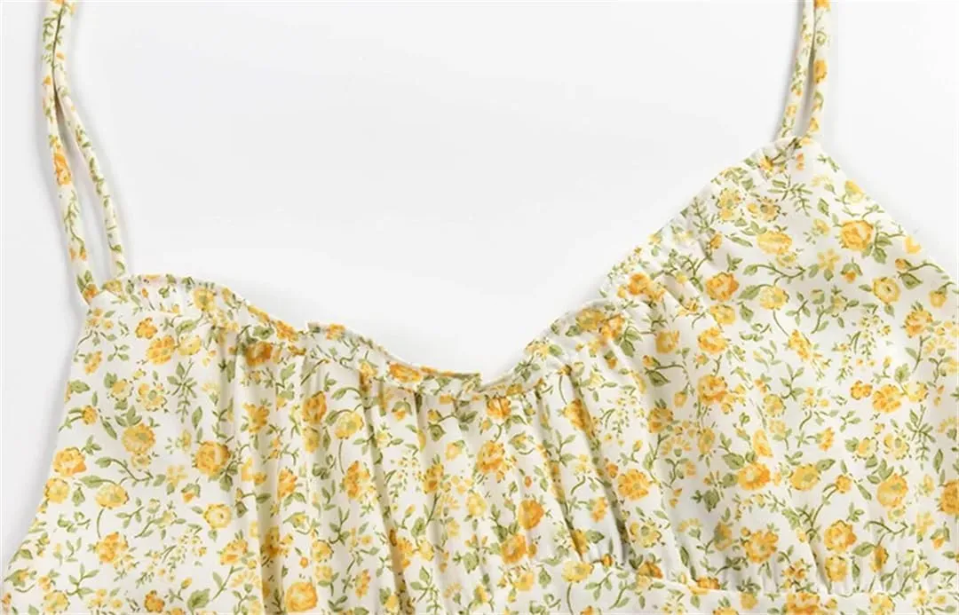 Women V Neck Floral Print Dress Vintage Spaghetti Strap Zipper Ruffle Beach Mini Dresses