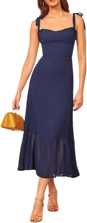 Women Vintage Floral Dress Sweetheart Neck Ruffle Spaghetti Strap Tie Chiffon Midi Dresses