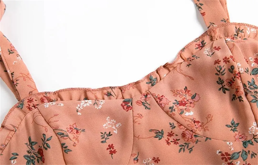 Women Vintage Floral Dress Sweetheart Neck Ruffle Spaghetti Strap Tie Chiffon Midi Dresses