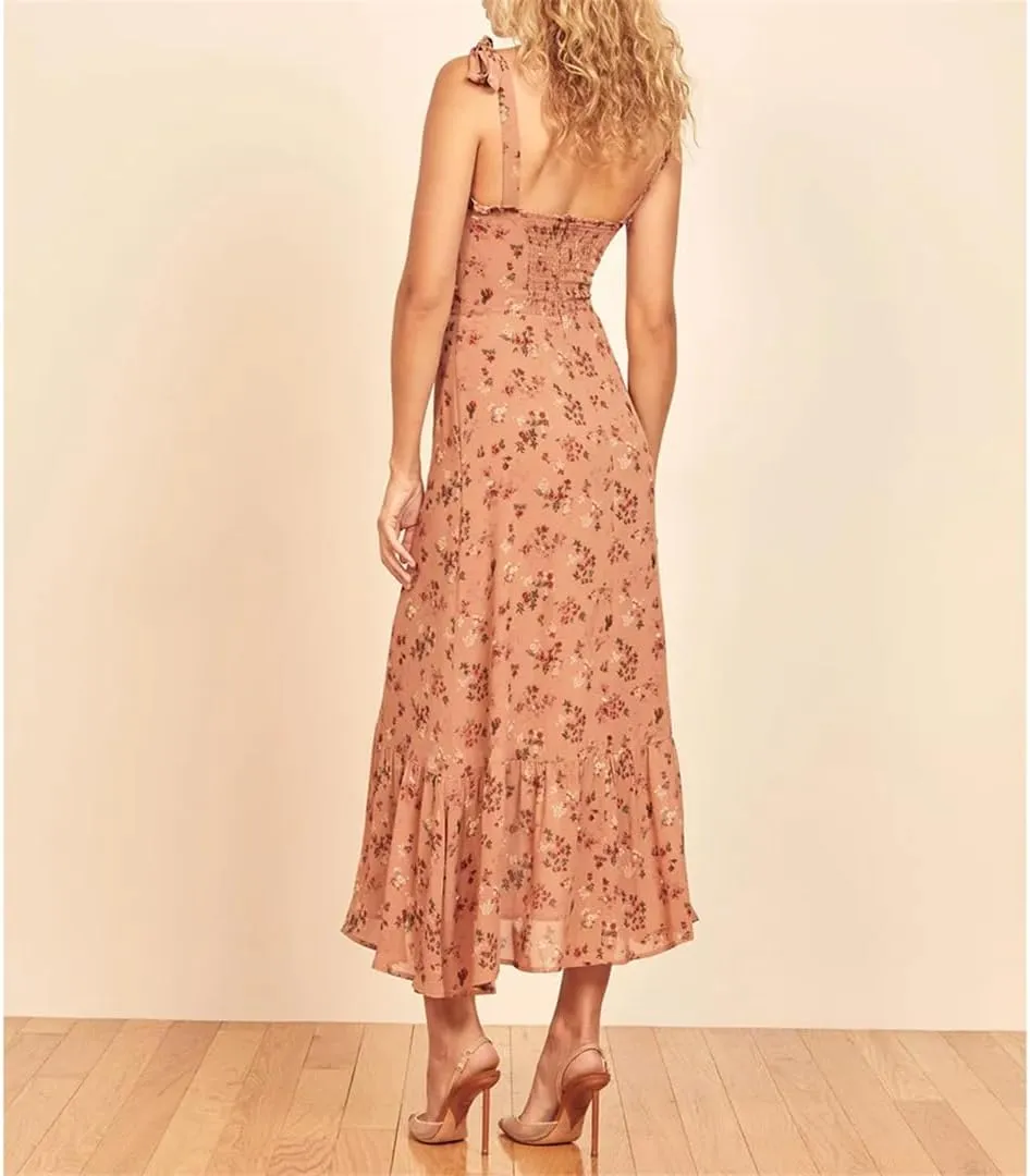 Women Vintage Floral Dress Sweetheart Neck Ruffle Spaghetti Strap Tie Chiffon Midi Dresses
