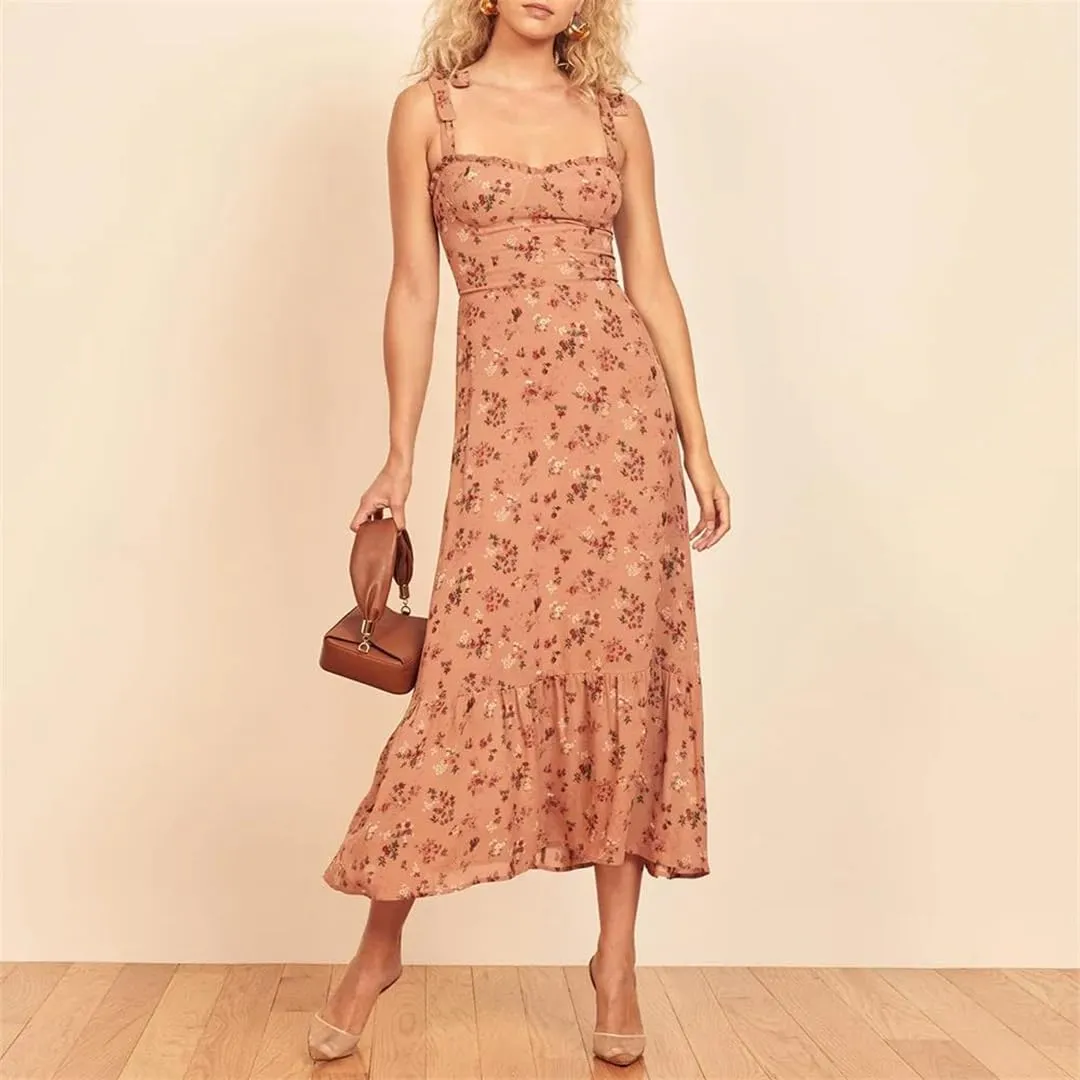 Women Vintage Floral Dress Sweetheart Neck Ruffle Spaghetti Strap Tie Chiffon Midi Dresses