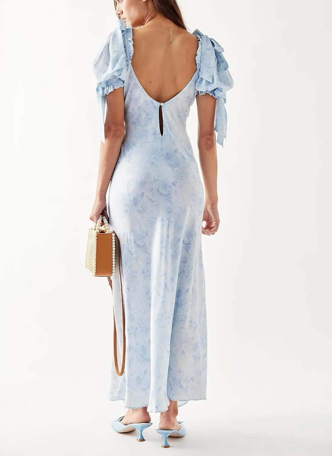 Women Y2k Boho Maxi Dress Floral Puff Short Sleeve Flowy Long Dresses Summer Backless Beach Vacation Sundress