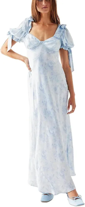 Women Y2k Boho Maxi Dress Floral Puff Short Sleeve Flowy Long Dresses Summer Backless Beach Vacation Sundress