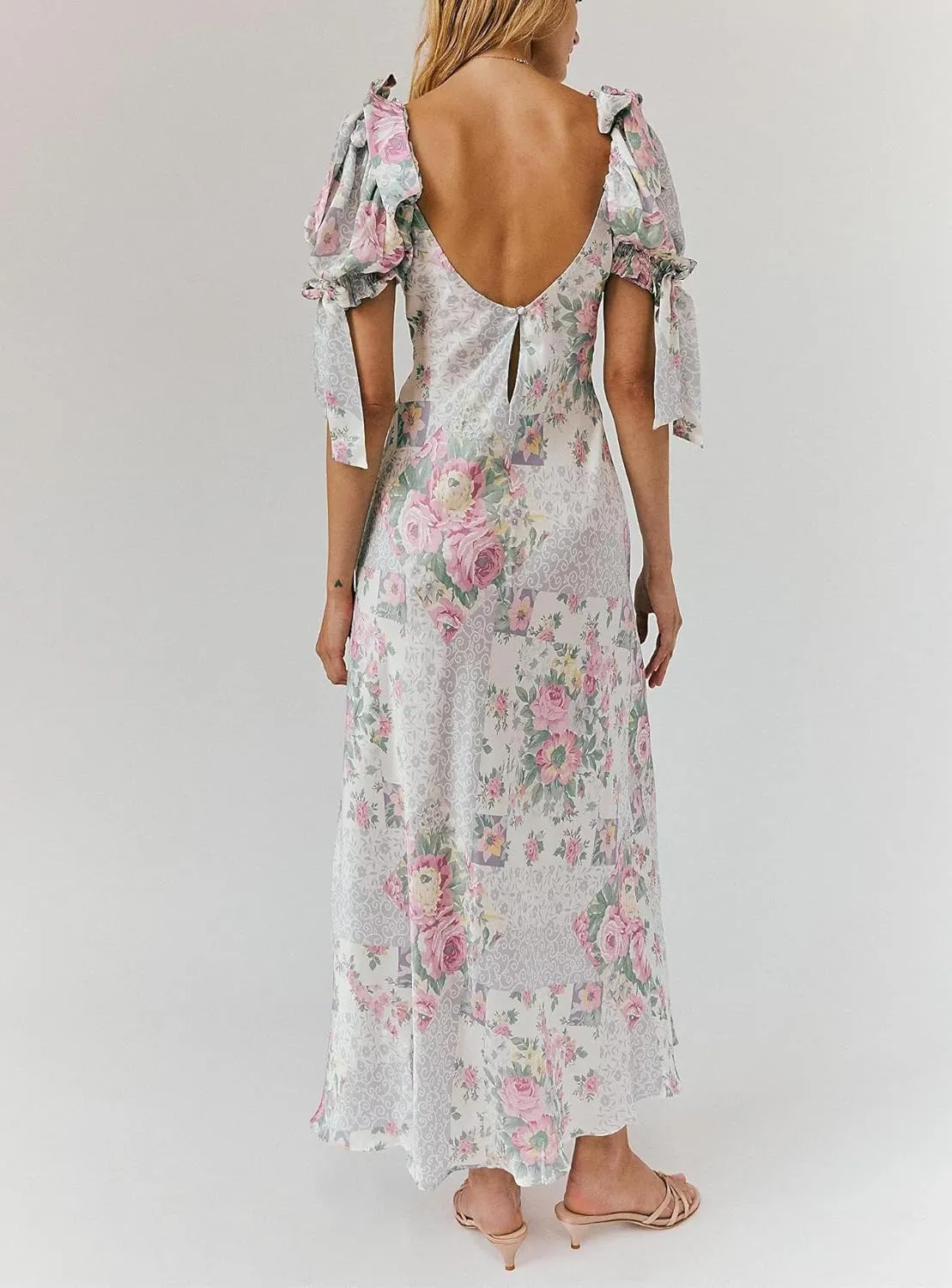 Women Y2k Boho Maxi Dress Floral Puff Short Sleeve Flowy Long Dresses Summer Backless Beach Vacation Sundress