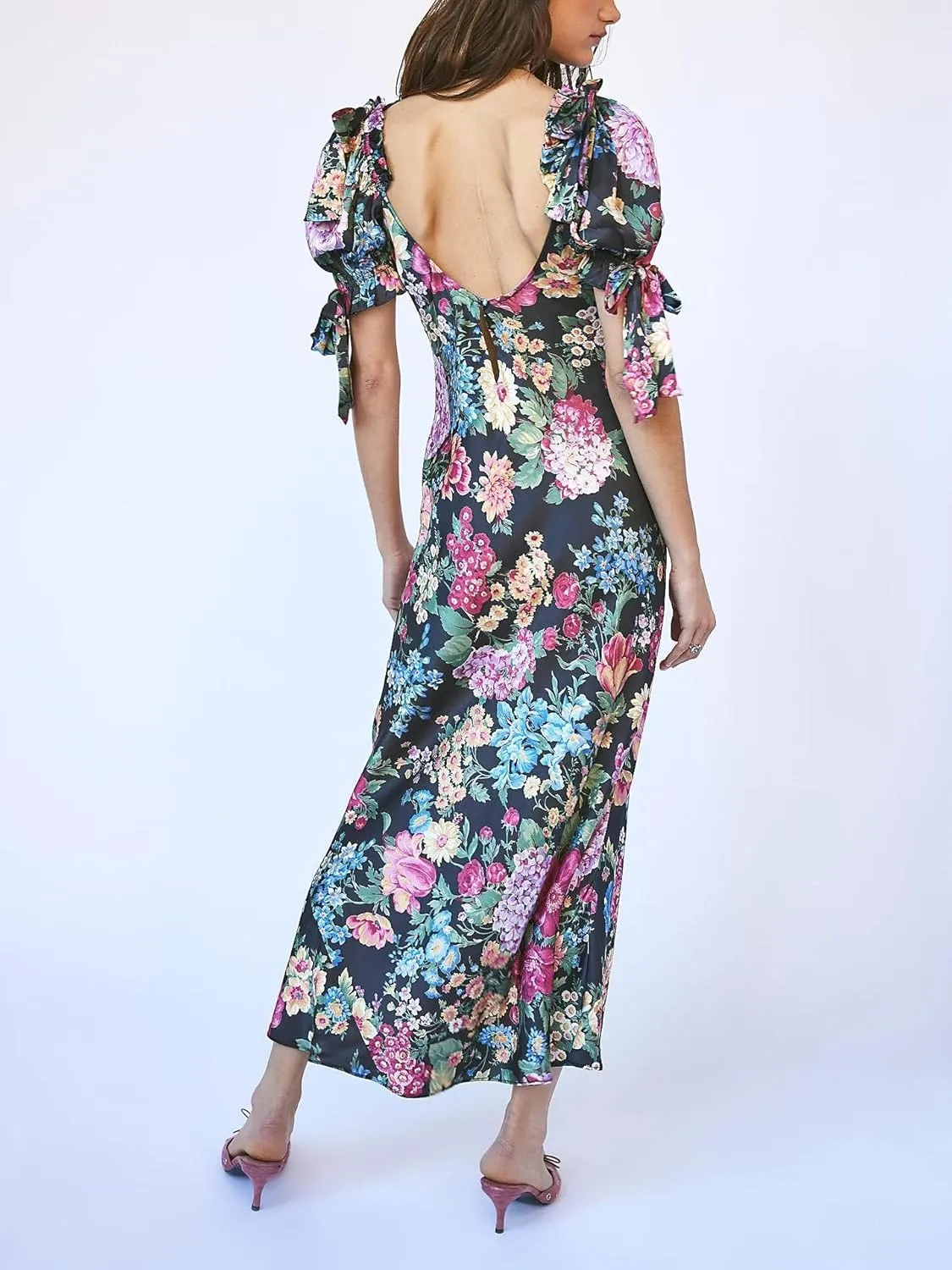 Women Y2k Boho Maxi Dress Floral Puff Short Sleeve Flowy Long Dresses Summer Backless Beach Vacation Sundress