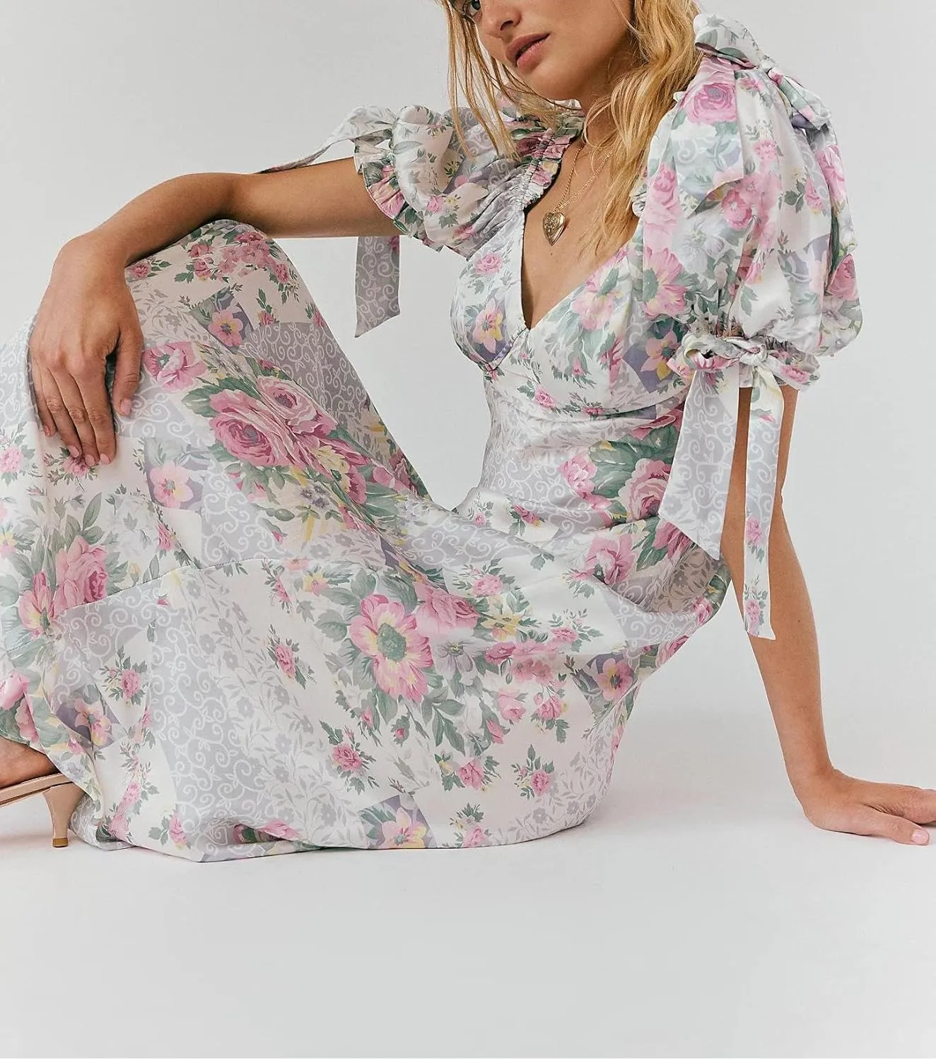 Women Y2k Boho Maxi Dress Floral Puff Short Sleeve Flowy Long Dresses Summer Backless Beach Vacation Sundress