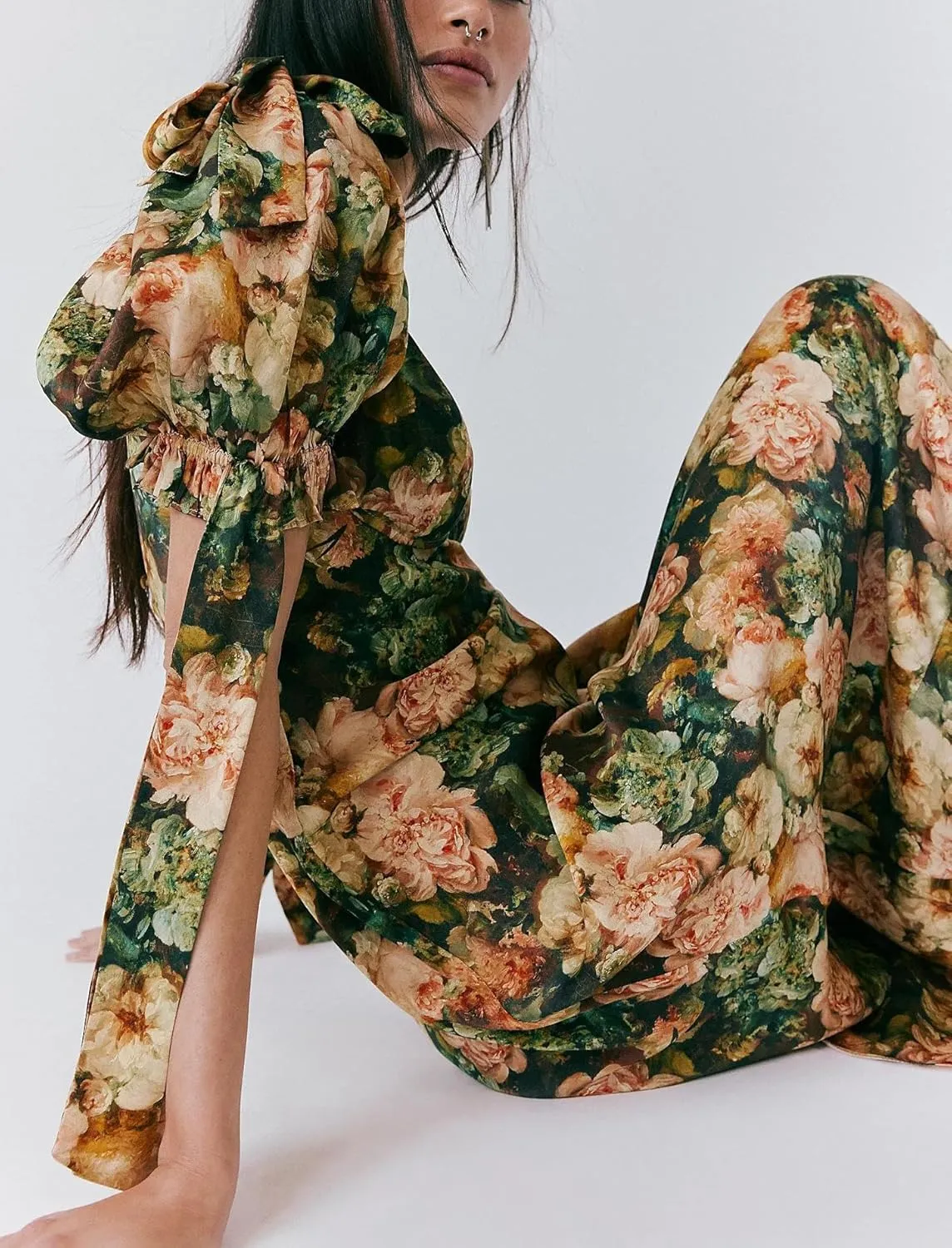 Women Y2k Boho Maxi Dress Floral Puff Short Sleeve Flowy Long Dresses Summer Backless Beach Vacation Sundress