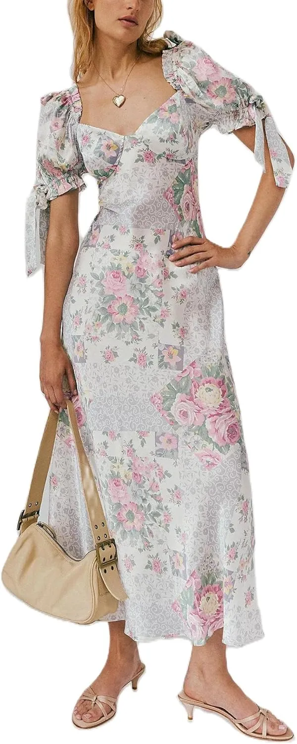 Women Y2k Boho Maxi Dress Floral Puff Short Sleeve Flowy Long Dresses Summer Backless Beach Vacation Sundress